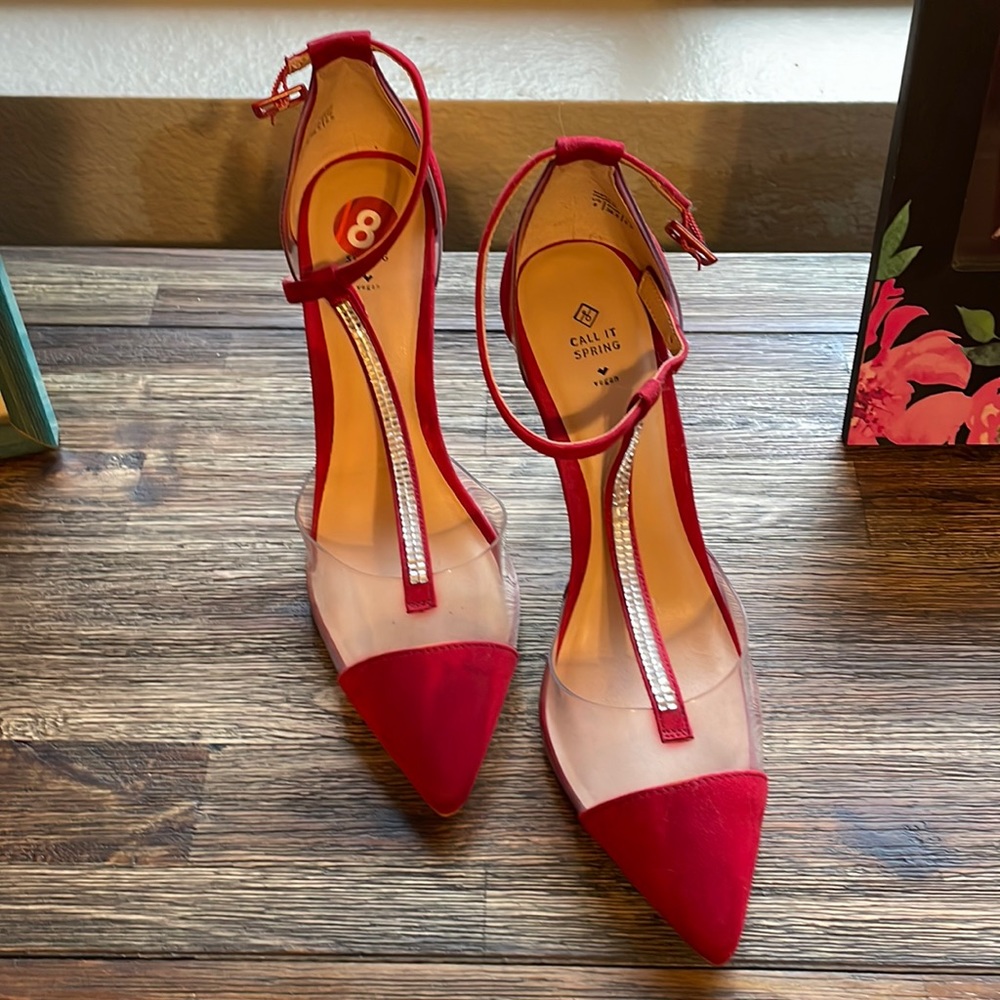 Red suede stilettos with rhinestones